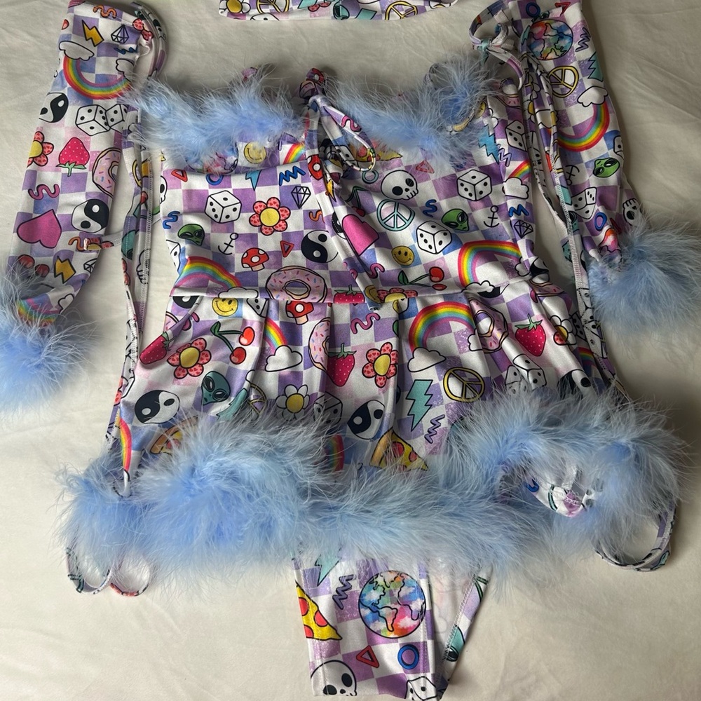 Babydoll Colorful Patterned Bodysuit with Blue Fur Trim